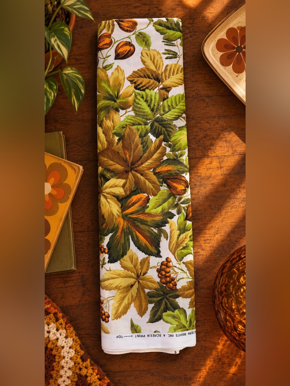 VTG 60s Pattern Rights Fabric 3.6 Yds Fall Leaves